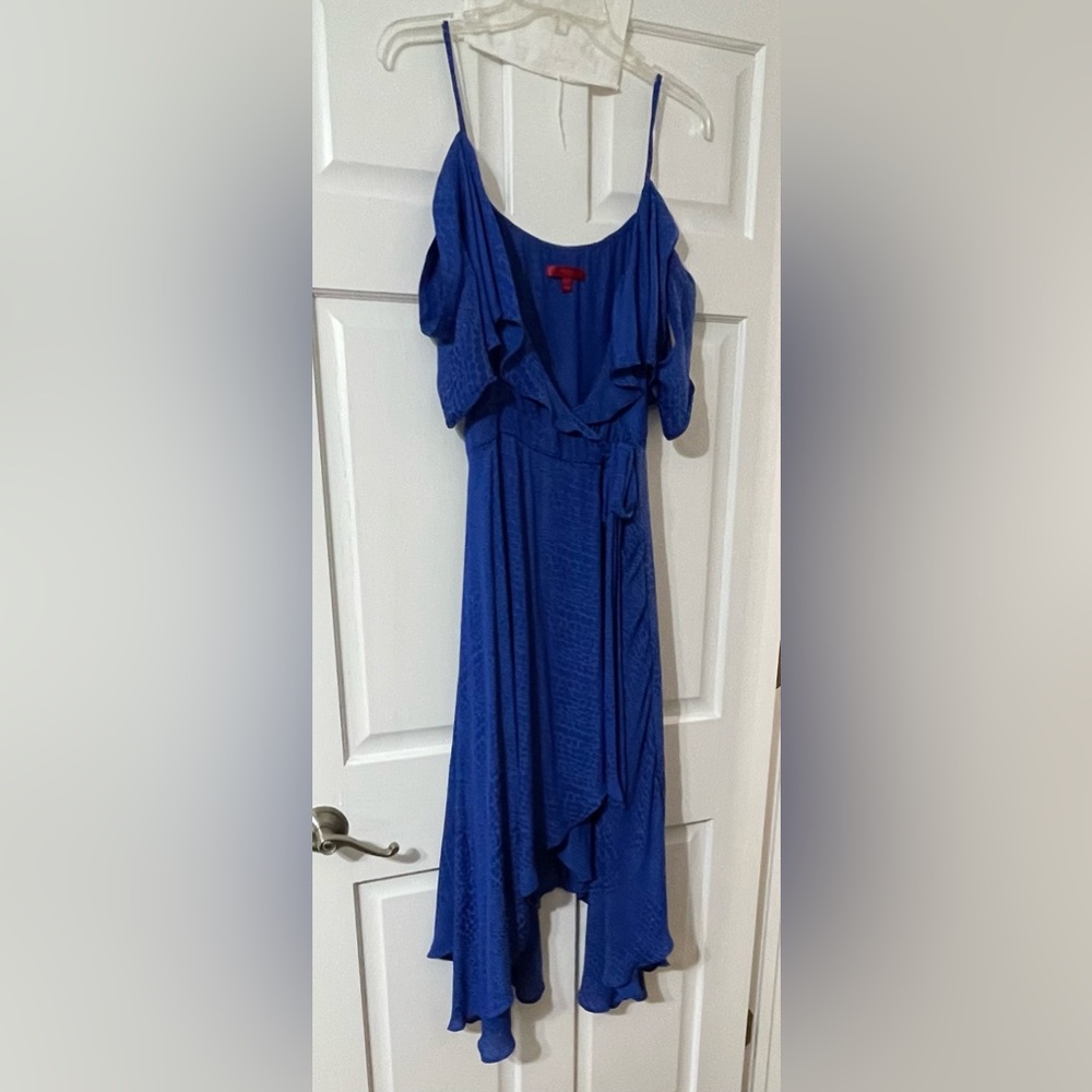 Jennifer Lopez Hypnotic Blue Snake Wrap Ruffle Cold Shoulder Maxi Dress. Size L